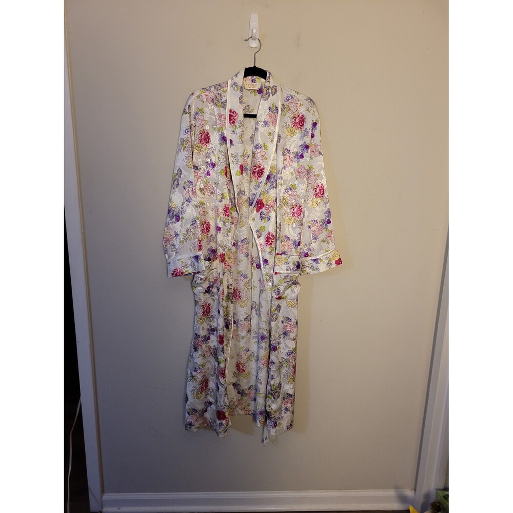 VTG Victoria's Secret White Floral Satin Long Robe Sz S